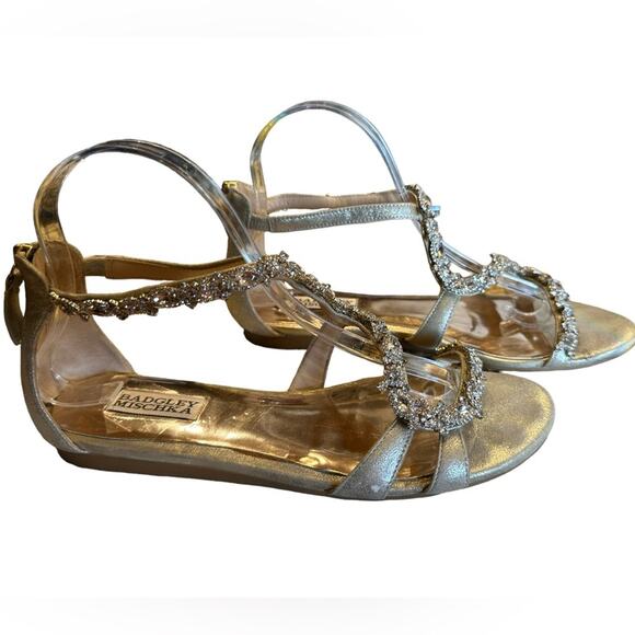 Badgley Mischka Women’s Size 8 Gold Leather Bejeweled Flat Sandals with Zip Heel - Picture 2 of 9